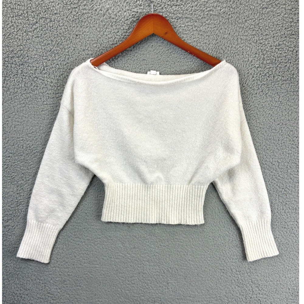 Garage Cropped Knit Sweater Womens M White Off The Shoulder Long Sleeve Cozy